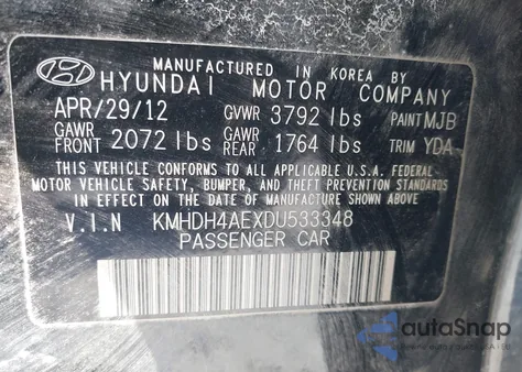 2013 Hyundai Elantra Gls из США, поврежденный, VIN KMHDH4AEXDU533348